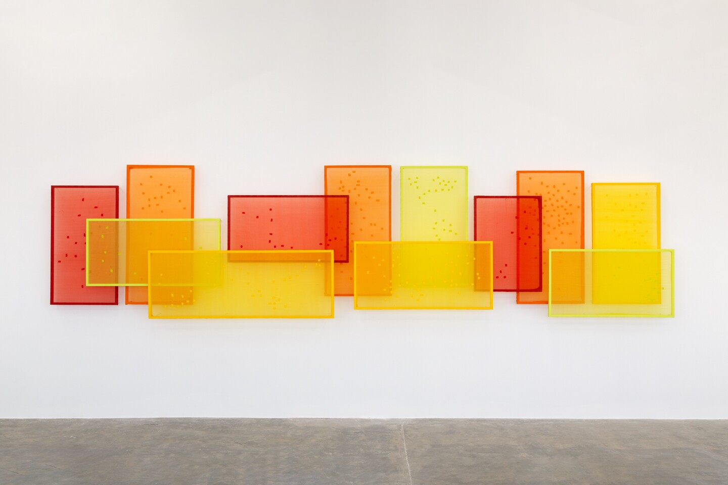 Come, let me heal your wounds. Let me mend your broken bones, 2025, Darned silk, 136 x 556 cm