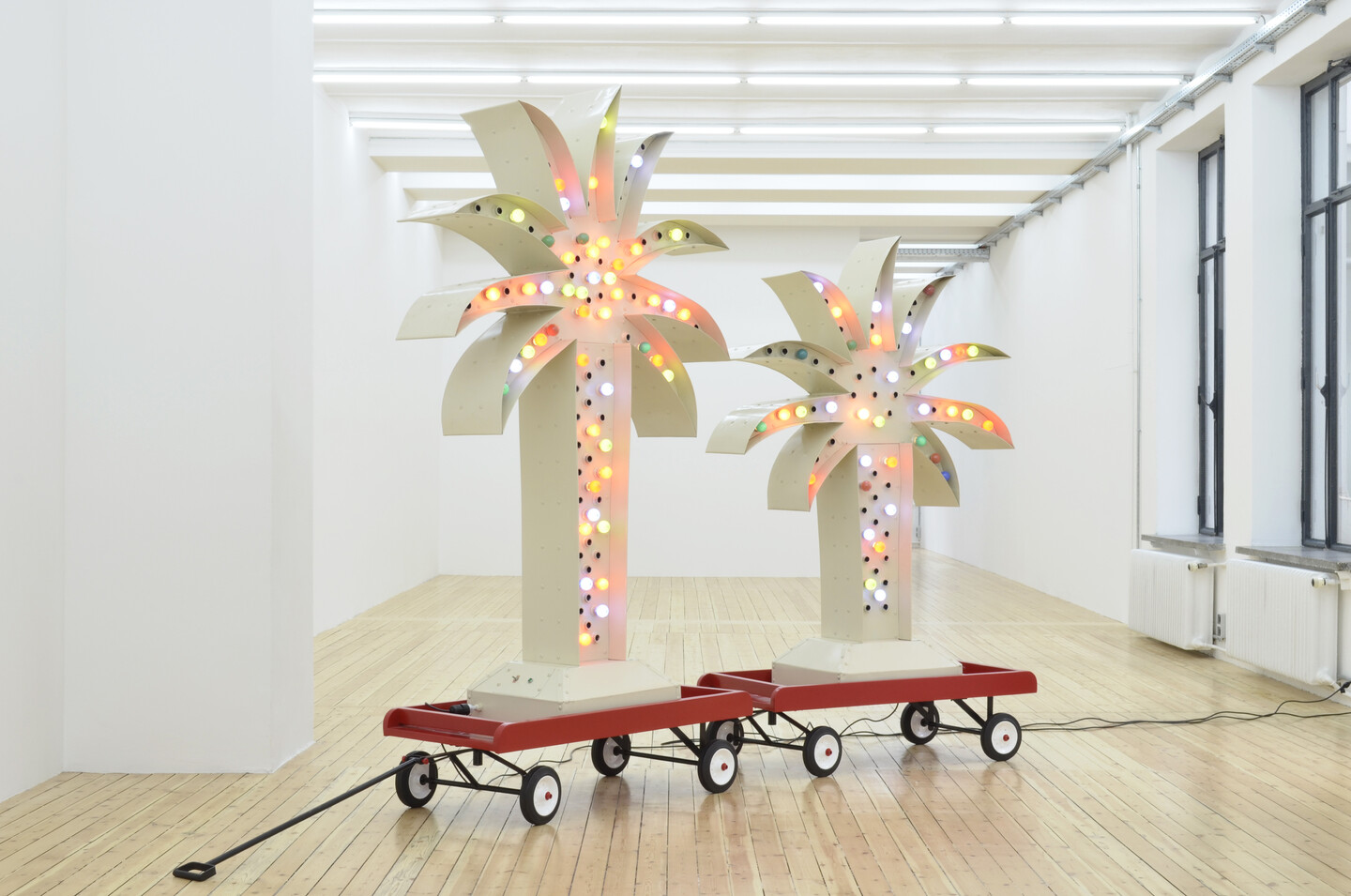 Twin Palm Island, 2012, Steel structure, galvanized sheet metal, coloured electrical bulbs, 319x160x35cm