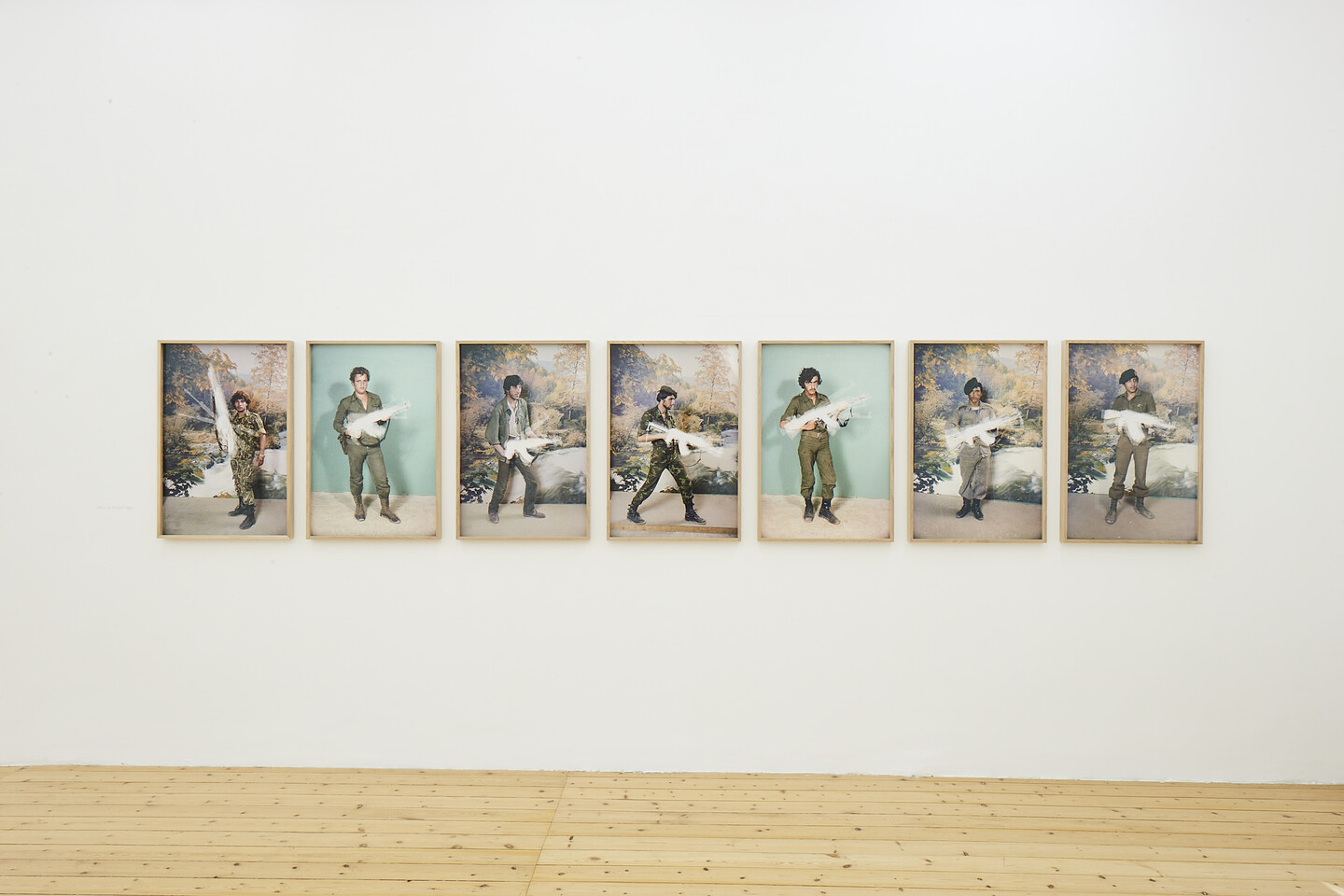 Akram Zaatari, Victims of prolonged struggle, 2022, Set of 7 C-prints, 90 x 60 cm each. Based on a photograph from Studio Houmani, Ouzai, 1980