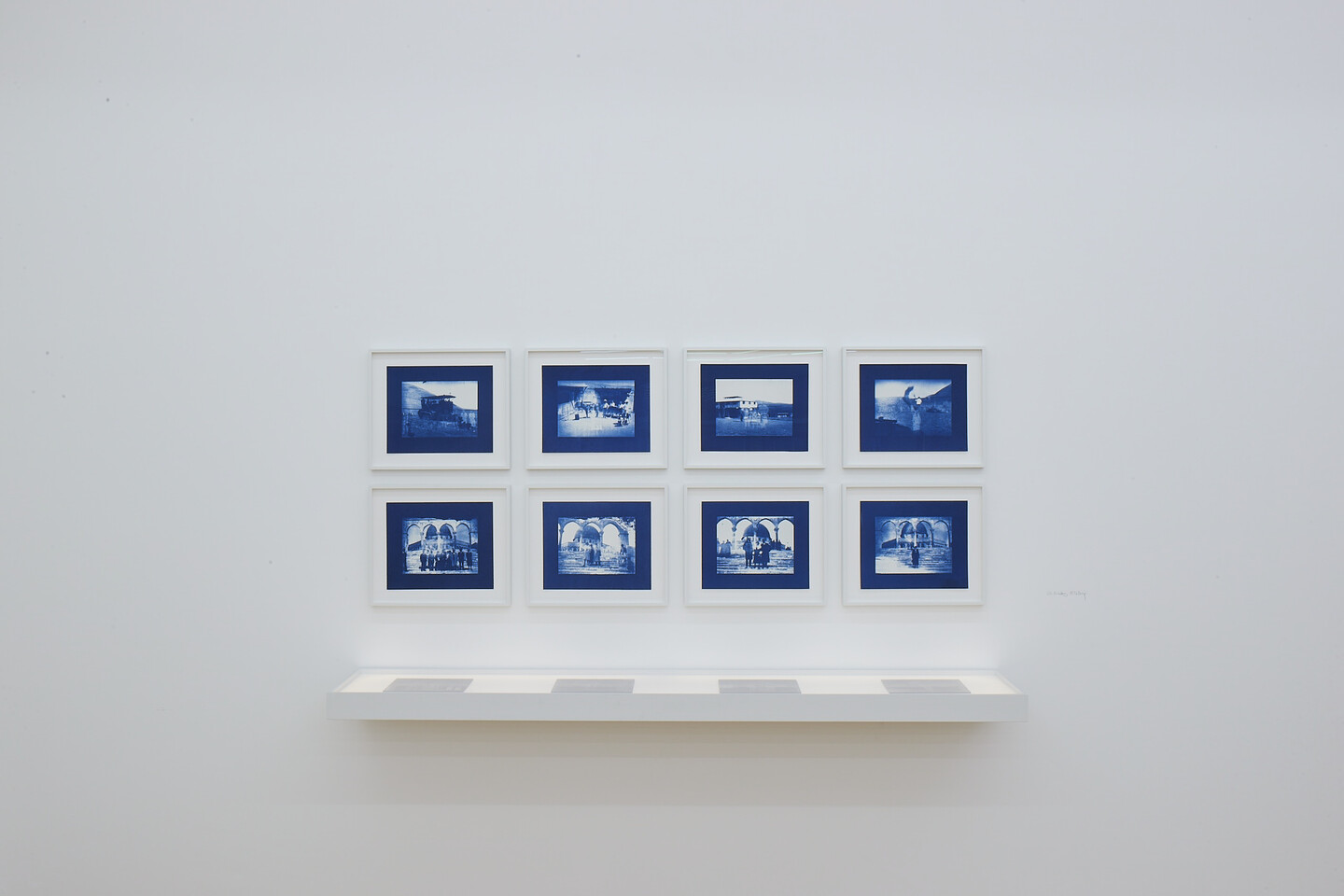 Akram Zaatari, Un-Dividing History, 2017, 4 pairs of glass plates and 8 cyanotype contact-prints, 18 x 24 cm each
