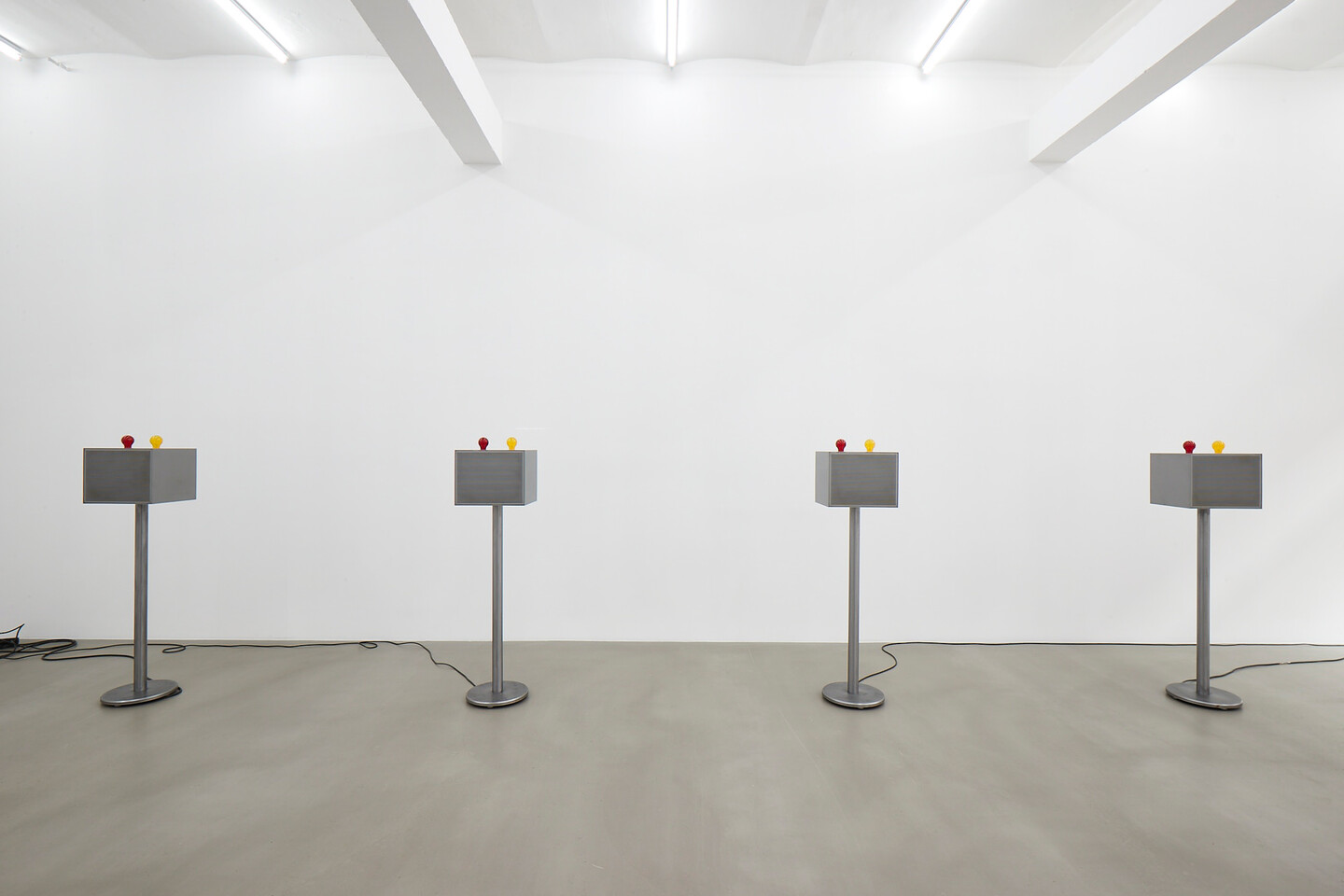 Lawrence Abu Hamdan, The Witness-Machine Complex, 2021, 7 steel stands, 7 video projections, 7 audio channels, 14 light bulbs, 136,5 x 35 x 35 cm each, Exhibition view, Sfeir-Semler Gallery Hamburg, 2022