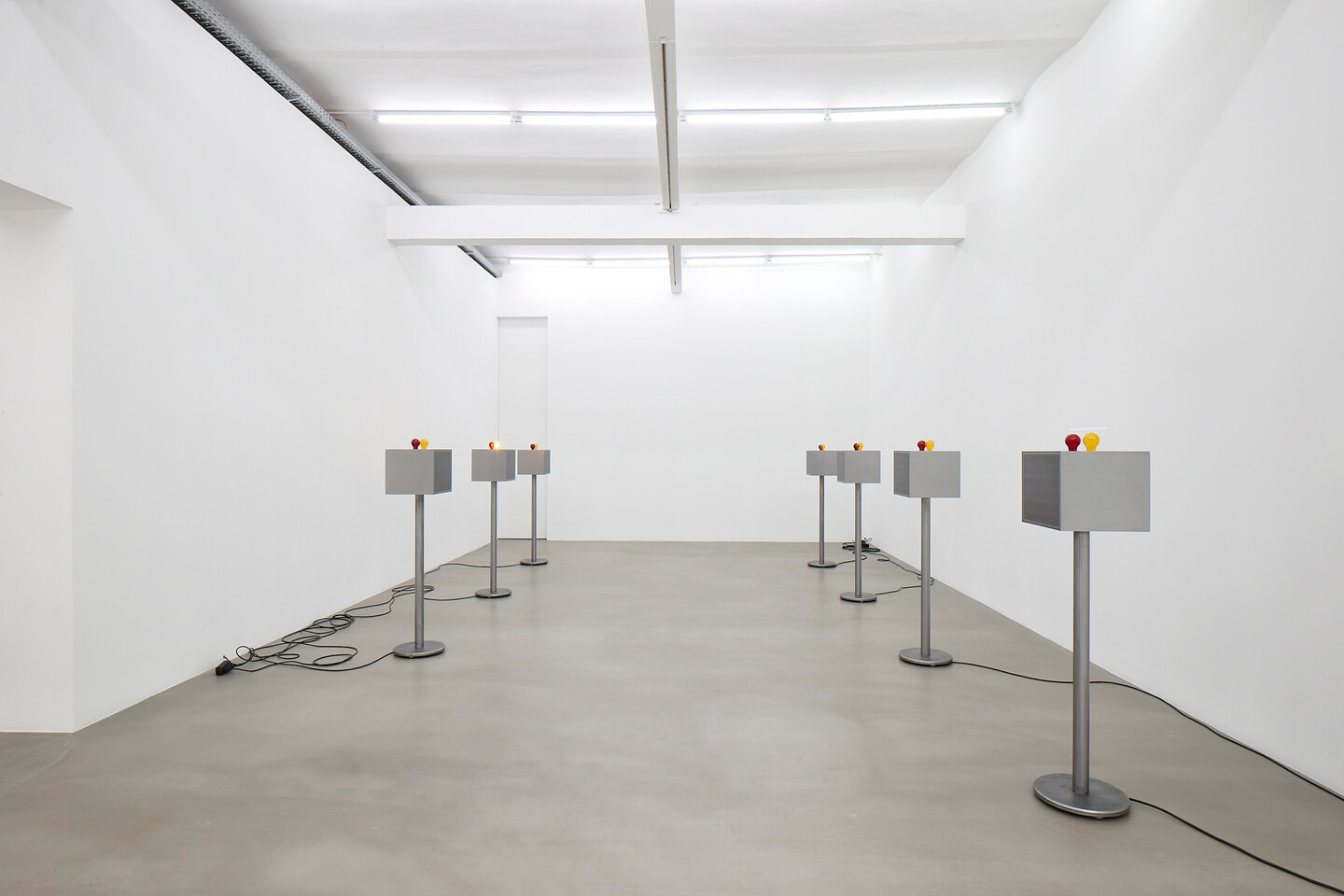 Lawrence Abu Hamdan, The Witness-Machine Complex, 2021, 7 steel stands, 7 video projections, 7 audio channels, 14 light bulbs, 136,5 x 35 x 35 cm each, Exhibition view, Sfeir-Semler Gallery Hamburg, 2022