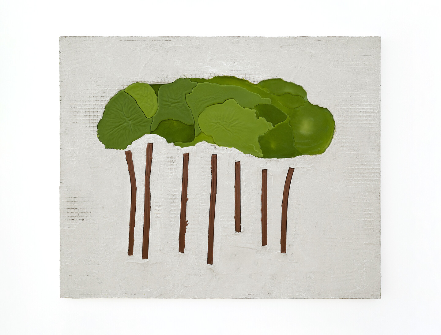 Pines, 2024, Grout, beeswax, oil paint on aluminum, 89 &times; 109 cm