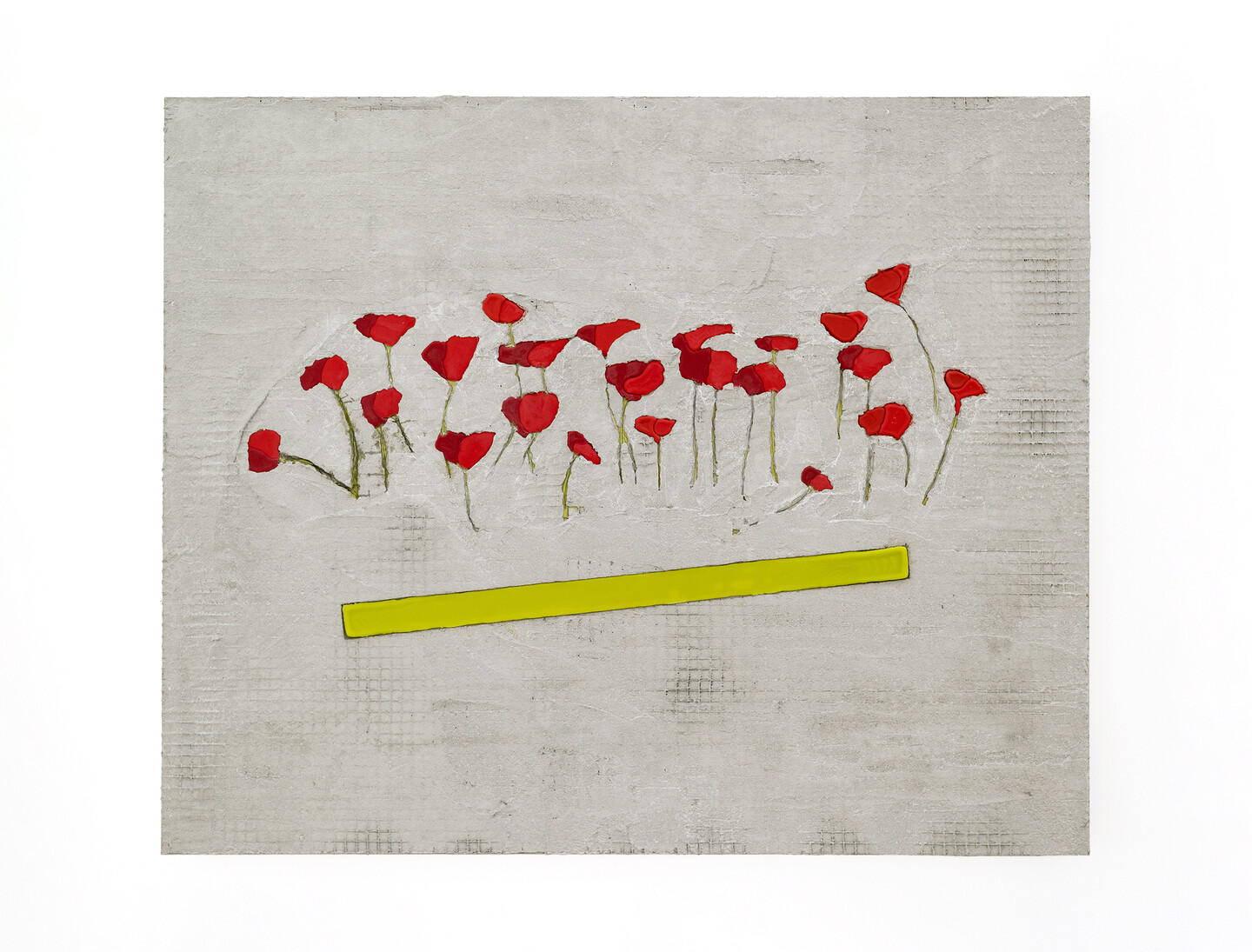 Poppy Flowers, 2024, Grout, beeswax, oil paint on aluminum, 89 &times; 109 cm