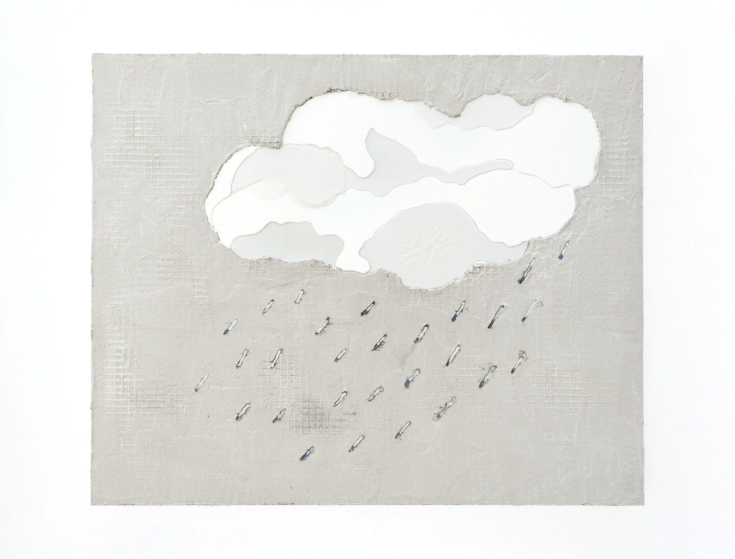 Raining Cloud, 2024, Grout, beeswax, oil paint on aluminum, 89 &times; 109 cm