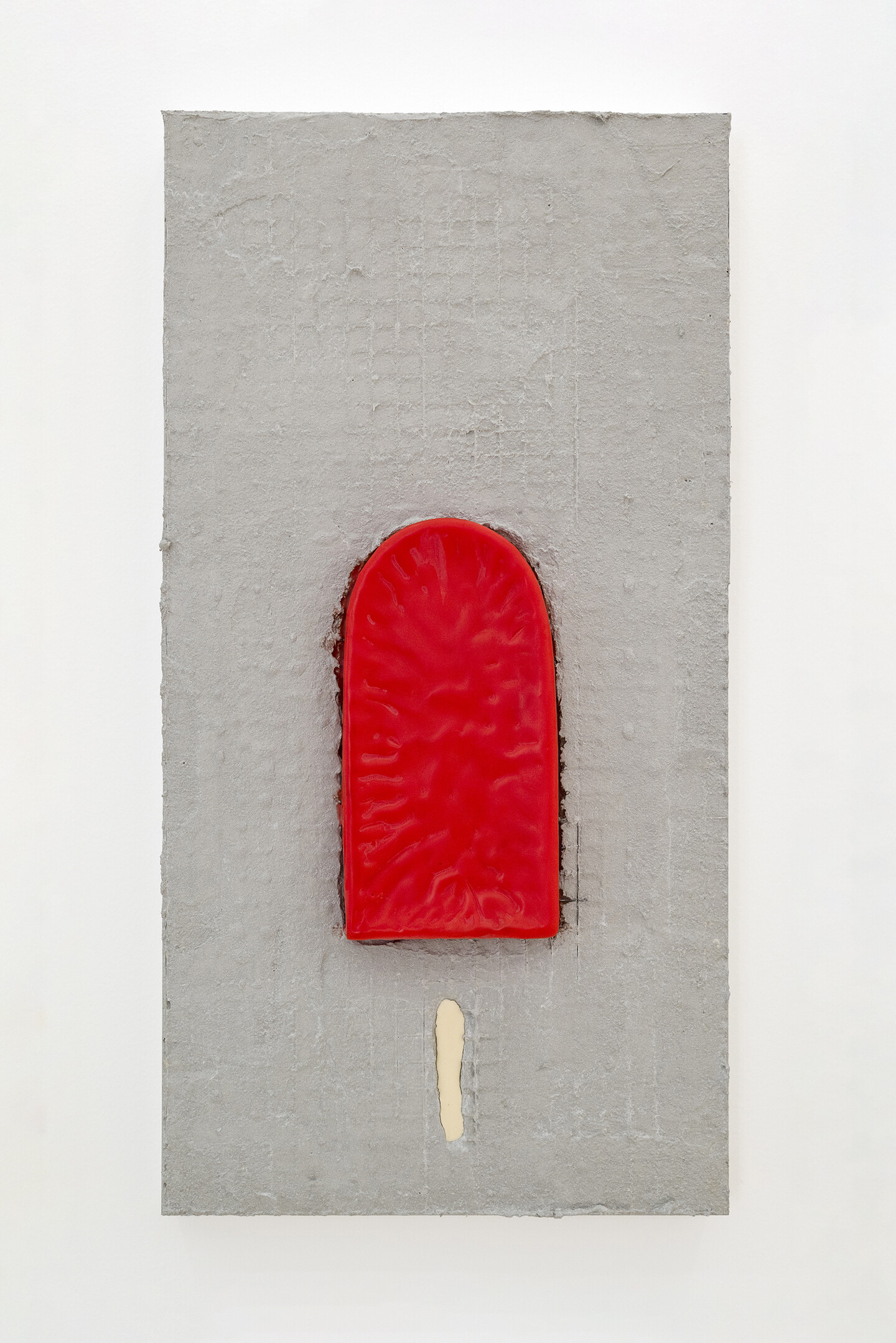 Strawberry, 2024, Grout, beeswax, oil paint on aluminum, 54,5 &times; 28 cm