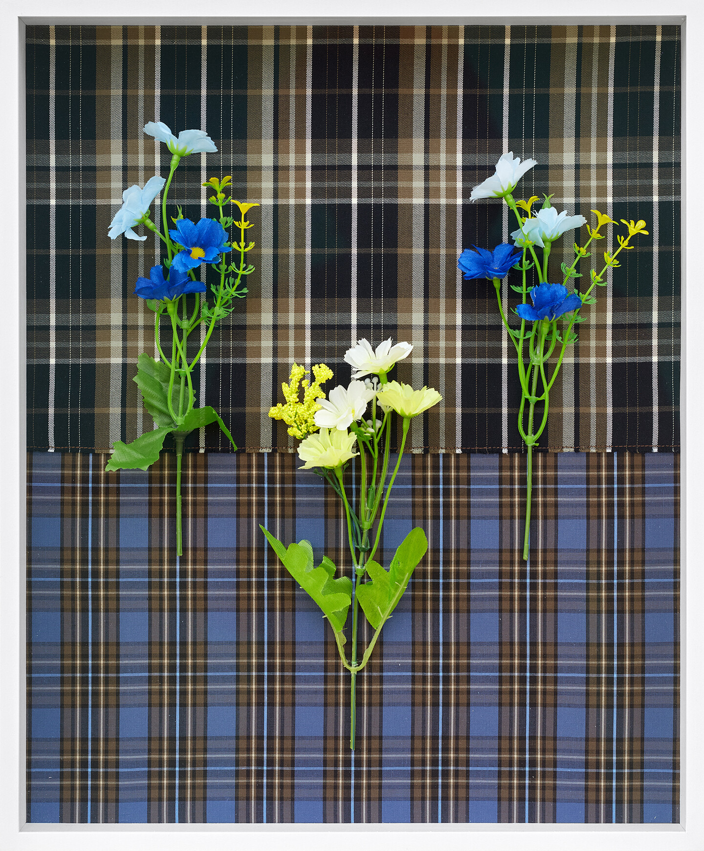 Yellow Ranunculus Repens & Blue Cosmos, (Imagined), 2024, Fabric, plastic flowers, framed, 40.5 x 33.5 x 5 cm, Courtesy the artist and Sfeir-Semler Gallery