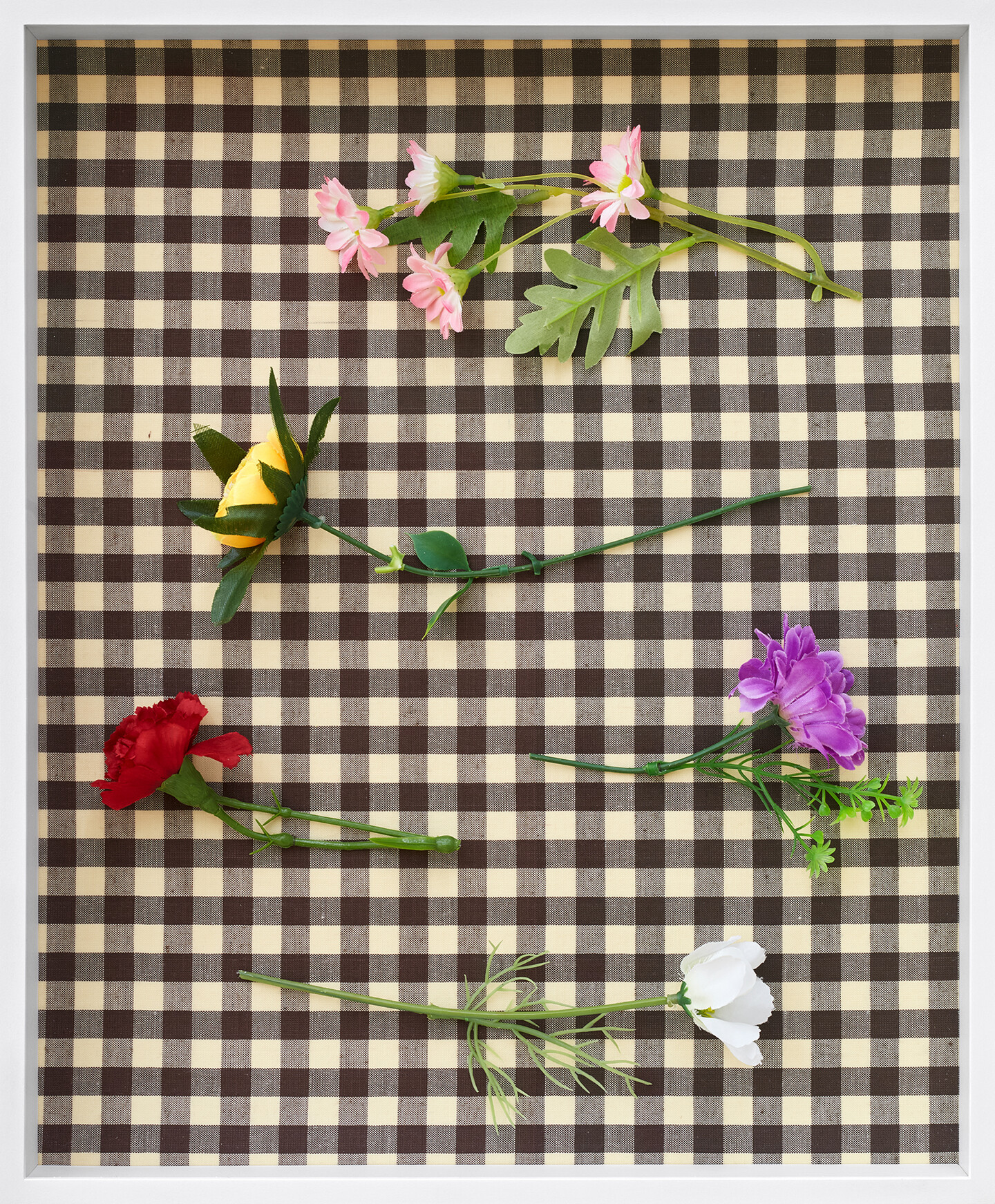 Red Peonies, Pink Helianthemums, Yellow Roses, Purple Chrysanthemums, White Poppies, (Imagined), 2024, Fabric, plastic flowers, framed, 40.5 x 33.5 x 5 cm, Courtesy the artist and Sfeir-Semler Gallery